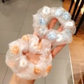 Miniatyrbillede 4 af 5: 2 stk. broderet tylblomster hår scrunchie, vintage hår loop til piger og kvinder (pink, blå)