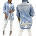 Miniatyrbillede 3 af 3: Dame Denim Jakke Langærmet Klassisk Slidt Frynser Kant Kvast Denim T
