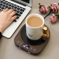 Miniatyrbillede 2 af 3: Kaffe kopvarmer, 80 grader høj temperatur opvarmning, kaffe varmeunderlag, brun træstruktur，17*14.8*2.5cm