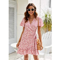 Miniatyrbillede 2 af 5: Kvinders sommer wrap V-hals prikket print flæse korte ærmer mini floral