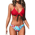 Miniatyrbild 1 av 5: Kvinnors röda blommiga tryckta knutna bikini badkläder set, m
