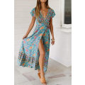Miniatyrbilde 4 av 5: Kvinners Boho Sommer Side Slit Dyp V-hals Korte Ermer Lang Kjole Belte, L