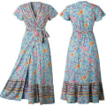 Miniatyrbilde 5 av 5: Kvinners Boho Sommer Side Slit Dyp V-hals Korte Ermer Lang Kjole Belte, L