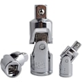 Miniatyrbilde 3 av 3: 3-delt sett med universalledd, skralleadapter, reduksjonsadapter i Cr-v-stål, sølvkromfinish, 1/4\", 3/8\", 1/2\" (6,3 mm/10 mm/12,5 mm)