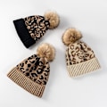 Miniatyrbillede 3 af 4: Dame Leopard-print Pompon Strikkede Huer Varm Uld Hat Vinter Slouchy Beanie