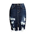 Miniatyrbillede 1 af 5: Kvinde Bodycon Front Split Frayed Mørk Vasket Midi Denim Blyantsnederdel STØRRELSE