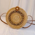 Miniatyrbillede 1 af 5: Rund Rattan Taske, Vintage Halm Flettet Taske til Damer, Håndlavede Fletkurve, Dame Skuldertaske med PU Læderrem