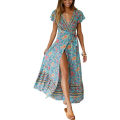 Miniatyrbilde 1 av 5: Kvinners Boho Sommer Side Slit Dyp V-hals Korte Ermer Lang Kjole Belte, L