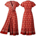 Miniatyrbillede 5 af 5: Kvinders Boho Sommer Side Slit Dyb V-hals Kort Ærme Lang Nederdel Bælte，XL