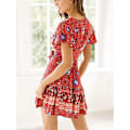 Miniatyrbillede 3 af 5: Kvinders kjole sommer wrap boho blomsterprint flæse kant korte ærmer V-hals