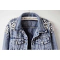 Miniatyrbilde 4 av 4: Kvinners brodert nagleperle kort denim jakke frakk, XL