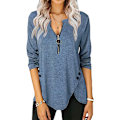 Miniatyrbillede 1 af 3: Dame Langærmede Skjorter, Casual Solid Zipper Tunika Skjorter Fashion Langærmede V-hals Knap Dekorere Bluse Tees XL