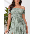 Miniatyrbillede 4 af 5: Kvinde Bohemian Blomster Print Off Shoulder Slidset Lang A-Linje Kjole，XL