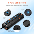 Pikkukuva 2 / 5: USB 3.0 -keskitin, 7 porttia, monitoiminen 7 portin USB-virtapalkki itsenäisillä kytkimillä ja LED-valoilla, 5 Gbps virtalähde USB 3.0 -keskitin iMacille, USB-muistitikkuille, Xboxille
