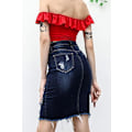 Miniatyrbillede 5 af 5: Kvinde Bodycon Front Split Frayed Mørk Vasket Midi Denim Blyantsnederdel STØRRELSE