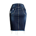 Miniatyrbillede 2 af 5: Kvinde Bodycon Front Split Frayed Mørk Vasket Midi Denim Blyantsnederdel STØRRELSE