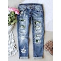 Pikkukuva 2 / 3: Naisten Revityt Leopardi Kukka Tilkkutäkki Farkut Tuhottu Slim Fit Denim Housut