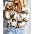 Miniatyrbillede 3 af 5: Dame Langærmet Flannel Ternet Crop Shacket Jakker Zip Up Lapel Lommer