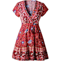 Miniatyrbillede 4 af 5: Kvinders kjole sommer wrap boho blomsterprint flæse kant korte ærmer V-hals