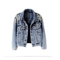 Miniatyrbillede 1 af 4: Kvinde Broderet Nitte Perle Kort Denim Jakke Frakke, XL