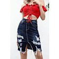 Miniatyrbillede 4 af 5: Kvinde Bodycon Front Split Frayed Mørk Vasket Midi Denim Blyantsnederdel STØRRELSE