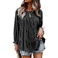 Miniatyrbild 1 av 5: Dam sommar lös chiffong blus mesh långärmad casual rund hals peplum