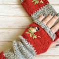 Miniatyrbild 5 av 5: Kvinnor Höst Vinter Fågel Broderade Handskar Stickade Fingerlösa Färgblock Mit