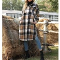 Miniatyrbillede 2 af 5: Kvinders Casual Lapel Knap Ned Langærmet Flannel Ternet Shacket Lang Shi