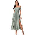 Miniatyrbillede 1 af 5: Kvinde Bohemian Blomster Print Off Shoulder Slidset Lang A-Linje Kjole，XL