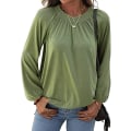 Miniatyrbilde 2 av 5: Dame Crew Neck Tunika T-skjorte Bluse Lang Ermet Tilfeldig Løs Plissert Bas