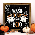 Miniatyrbild 1 av 5: Rustikt 'Tvätta händerna, BOO' träskylt för vägg - Spöklikt badrumsdekor, 8x8 tum, perfekt för Halloween & höstsäsongen