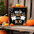 Miniatyrbild 3 av 5: Rustikt 'Tvätta händerna, BOO' träskylt för vägg - Spöklikt badrumsdekor, 8x8 tum, perfekt för Halloween & höstsäsongen