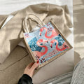 Miniatyrbillede 2 af 5: (Flamingo) Ny koreansk modetrykt håndtaske i linned [C]