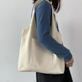 Miniatyrbillede 4 af 5: Canvas Taske Heavy Duty Pladsbesparende Ensfarvet Lomme Design Canvas Tote Taske Til Kvinder White