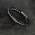 Miniatyrbild 4 av 5: Barnpojkar Äkta Läder Svart Armband. Titan Silverkedja med Magnetisk Spänne 18,5cm