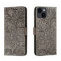 Spetsblomma Läderfodral för iPhone 15 Plus Grå Grey