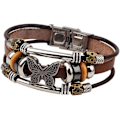 Miniatyrbillede 1 af 3: Boheme Læderarmbånd til Mænd, Kvinder Vintage Punk Legering Sommerfugl Nøgle Justerbar Perlebesat Wrap Multilayer Flettet Manchet Armringe Armbånd