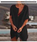 Oversized bomulls-t-skjorte strandkjole for kvinner, bikini-cover-up med rund hals, knappestolpe Black L