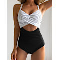 Miniatyrbillede 2 af 4: Dametøj Enkeltdel Badetøj Mavekontrol Udsnit Højtaljet Badetøj Wrap Tie Back 1 Del Badetøj black strip M