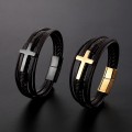Miniatyrbillede 4 af 5: Sort Guld Sølv Flerlags Flettet Armbånd Cross Religious Læder Bangle -HG TZ1719 21CM