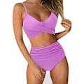Miniatyrbillede 1 af 5: Kvinder Criss Cross Push Up svømmeoverdele Mavekontrol Halter Bikini Højtaljede badedragter Todelte badedragter Purple Medium