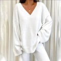 Miniatyrbillede 3 af 4: 2 stk./sæt Kvinders Enkle Tracksuit Sæt V-hals Løse Toppe + Lange Bukser Loungewear Pyjamas Sæt White S