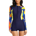 Miniatyrbilde 2 av 5: Badedrakt for kvinner, endel, lang erme, rashguard, dame våtdrakt, atletisk badedrakt, surfing, dykking, glidelås foran, badetøy, Tangrui Navy Yellow 3XL
