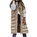 Miniatyrbilde 2 av 5: Vinterjakke for kvinner, ensfarget, med hette, enkeltspent, midtlengde, polstret, uten ermer, med lommer Beige L