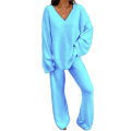Miniatyrbild 1 av 2: 2-pack Damträningsset med V-ringad lös topp + långa byxor Loungewear Pyjamas Set Light Blue S