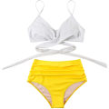 Miniatyrbillede 3 af 5: Kvinder Criss Cross Push Up svømmeoverdele Mavekontrol Halter Bikini Højtaljede badedragter Todelte badedragter White Yellow XX-Large
