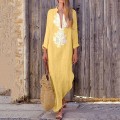 Pikkukuva 1 / 5: Naisten pitkähihainen V-kaulainen painettu mekko halkeavalla helmalla löysä kaftan pitkä mekko Yellow L