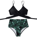 Miniatyrbilde 3 av 5: Dame Criss Cross Push Up Badedrakt Topper Magekontroll Halter Bikini Høy Livet Badetøy Todelt Black Green XX-Large