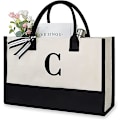 Miniatyrbillede 1 af 5: Personlig Initial Canvas Strandtaske, Monogrammet Gave Tote Taske Til Kvinder C