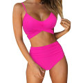 Miniatyrbild 1 av 5: Dam Bikinitop med Korsband, Push-Up, Magkontroll, Halter, Högmidjad Bikini, Tvådelad Baddräkt Rose Red Medium